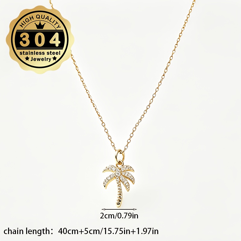 Women's Palm Tree Design Necklace, Stainless Steel with Zirconia